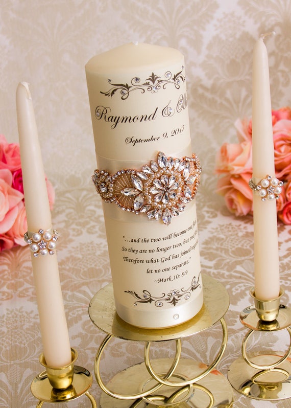 Unity Candle Set Rose Gold Wedding Candle Unity Rhinestone Etsy