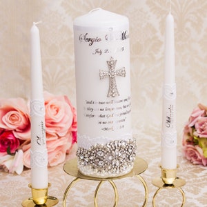 White Lace Unity Candle Set, Personalized Wedding Unity Candles with Cross