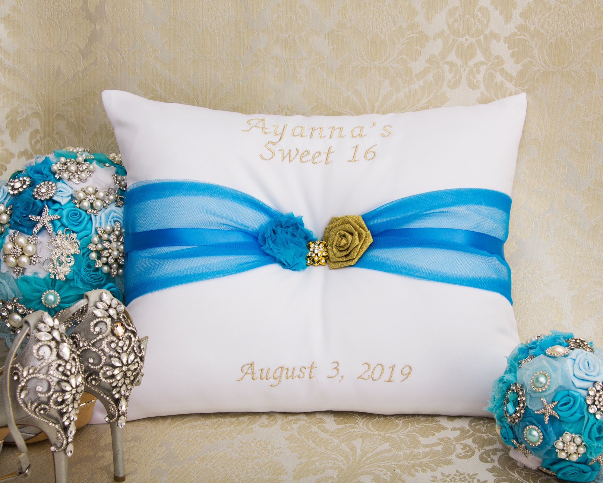 Personalized Quinceanera Pillow Set in Gold and Blue Tiara Etsy