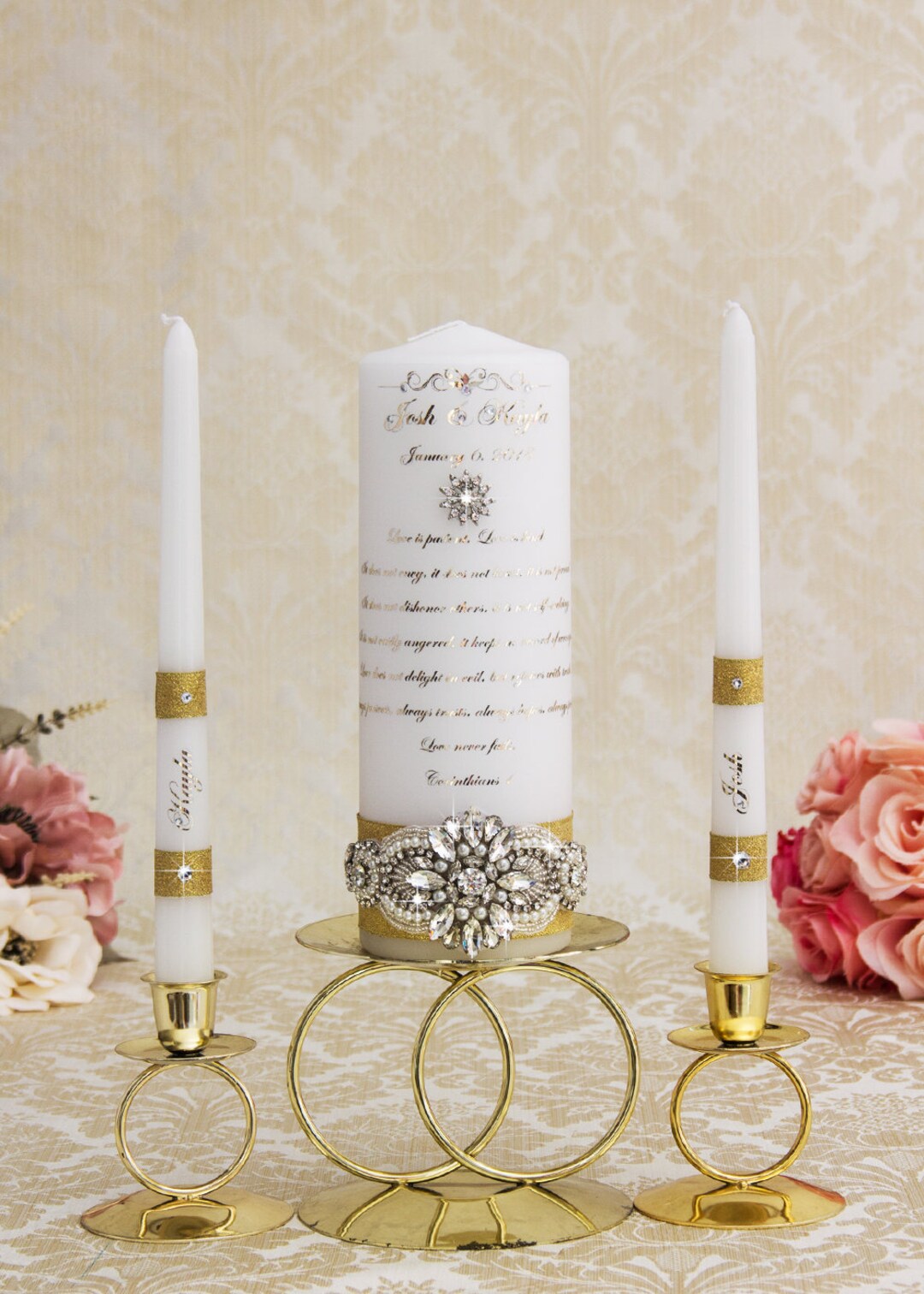 Gold Wedding Unity Candles Set, Personalized Wedding Candles, Gold