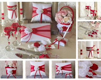 Red Flower Girl Basket Set, Wedding Ring Pillow, Guest Book, Pen Holder, Garter Set, Toasting Flutes, Cake Serving Set, Unity Candles