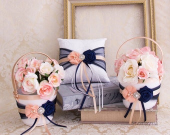 Blush and Navy Blue Flower Girl Basket and Ring Bearer Pillow set, Wedding Basket and Pillow Set, Navy and Blush Wedding Accessories