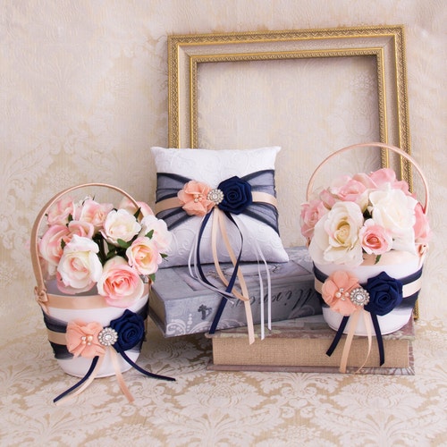 Flower Girl Basket and Ring Bearer Pillow Set Navy Violet Etsy