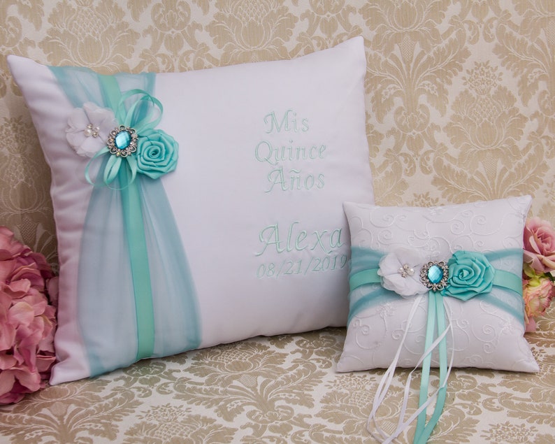 Personalized Quinceanera Pillow Set in Aqua Colors Tiara Etsy