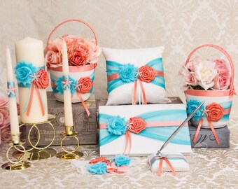 Coral and Aqua Flower Girl Basket, Ring Bearer Pillow, Guest Book, Pen Holder, Unity Candles Set, Cake Serving Set, Champagne Flutes, Garter