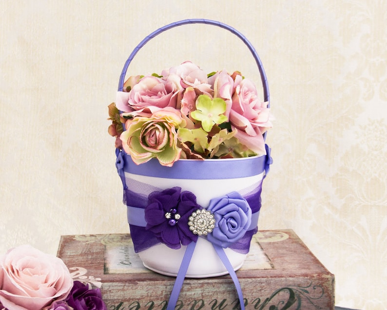 Lavender Flower Girl Basket and Pillow Ring Bearer Pillow Ivory Flower Girl Basket Wedding Ring Pillow Set in Purple