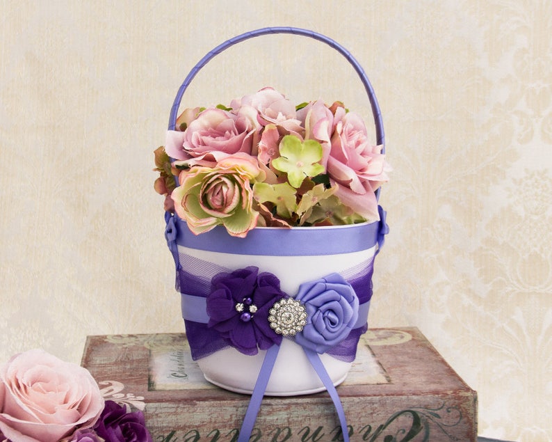 Lavender Flower Girl Basket and Pillow Ring Bearer Pillow Ivory Flower Girl Basket Wedding Ring Pillow Set in Purple