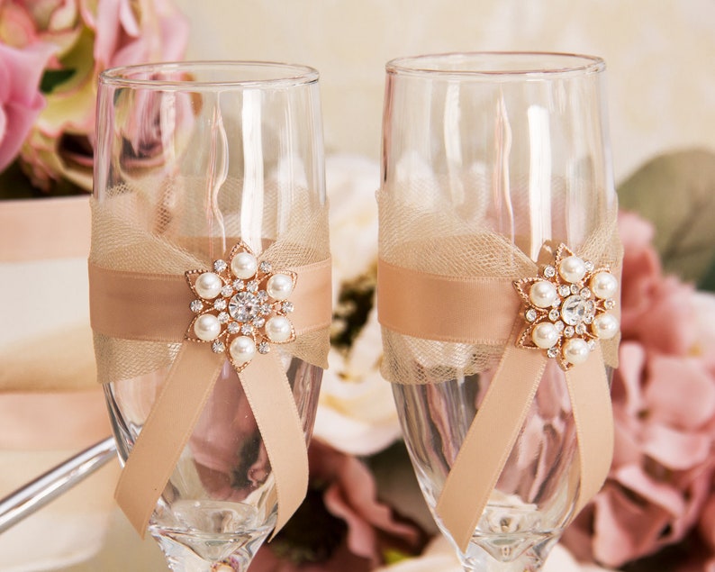 Rose Gold Wedding Accessories Set Flower Girl Basket Wedding Pillow Guest Book Garters Champagne Flutes Cake Serving Set Unity Candles Set image 7