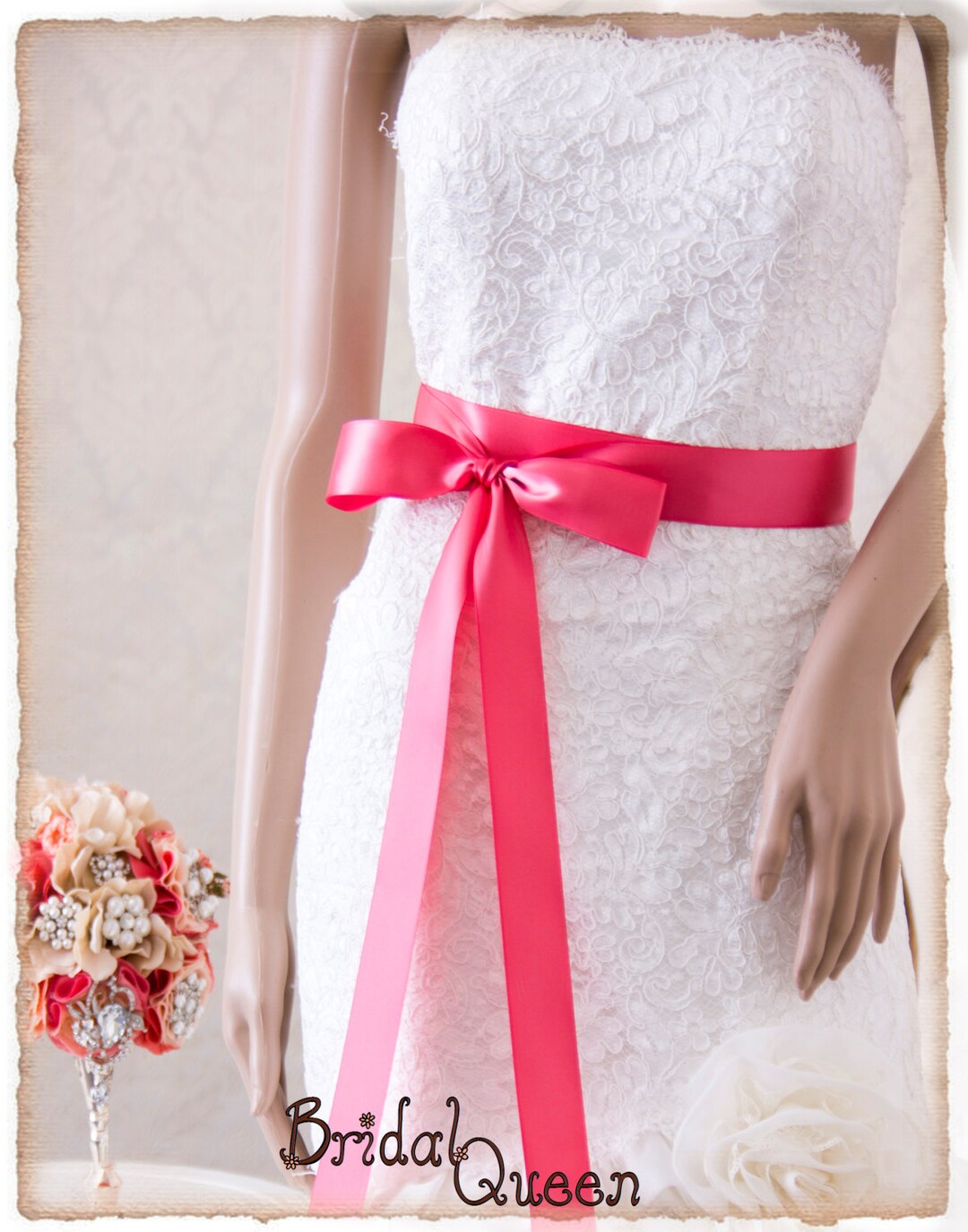 Satin & Pearl Ribbon Cake Decoration, Wrap, Sash. Pink, Blush, Peach.  Wedding