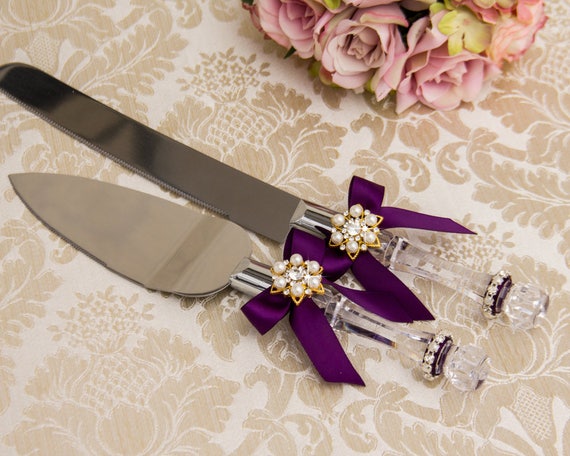 Purple and Gold Cake Serving Set Cutting Set Knife Set Wedding Cake Serving  Set Wedding Cake Server Set Purple and Gold 