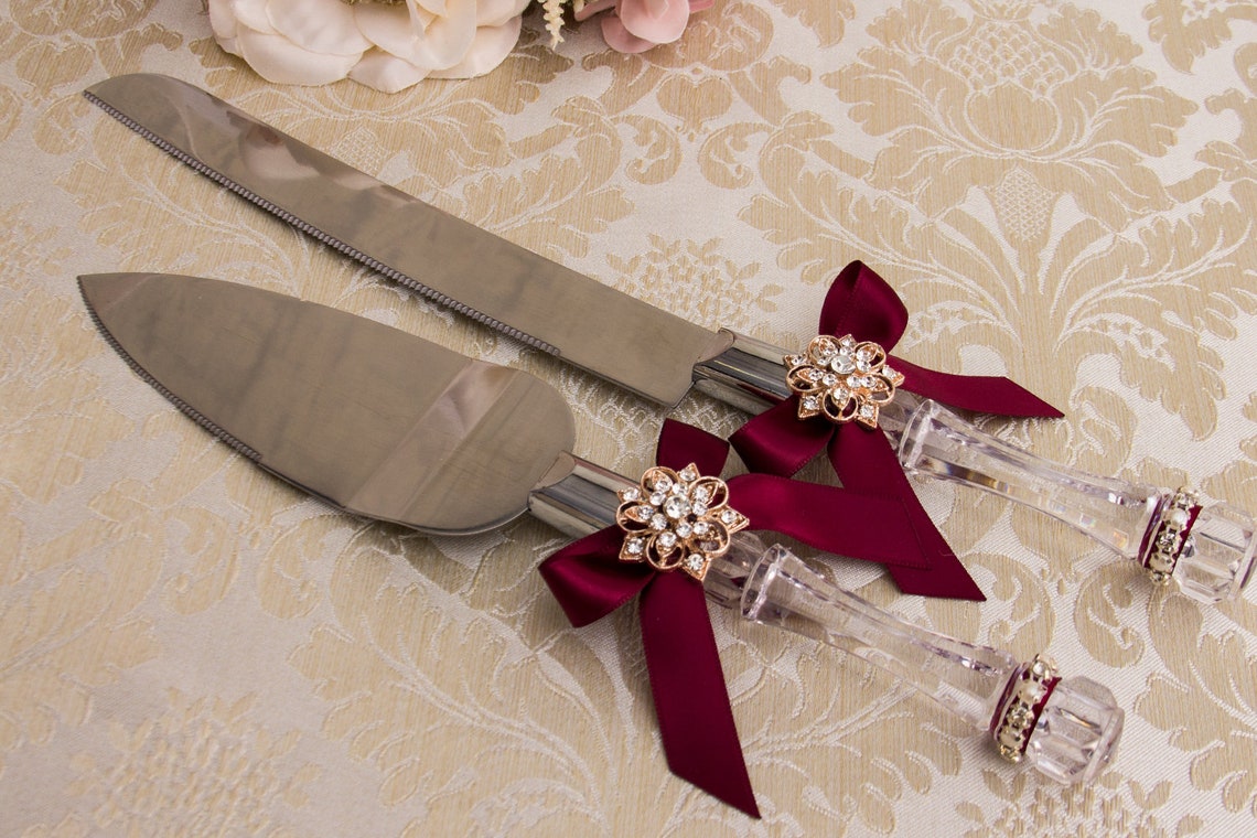 Wedding Cake Serving Set Burgundy Wedding Cake Cutting Set Etsy