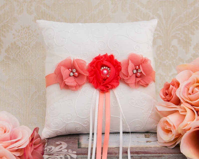 Coral Flower Girl Basket and Pillow Coral Wedding Ring Pillow and Flower Girl Petal Basket Ring Bearer Pillow