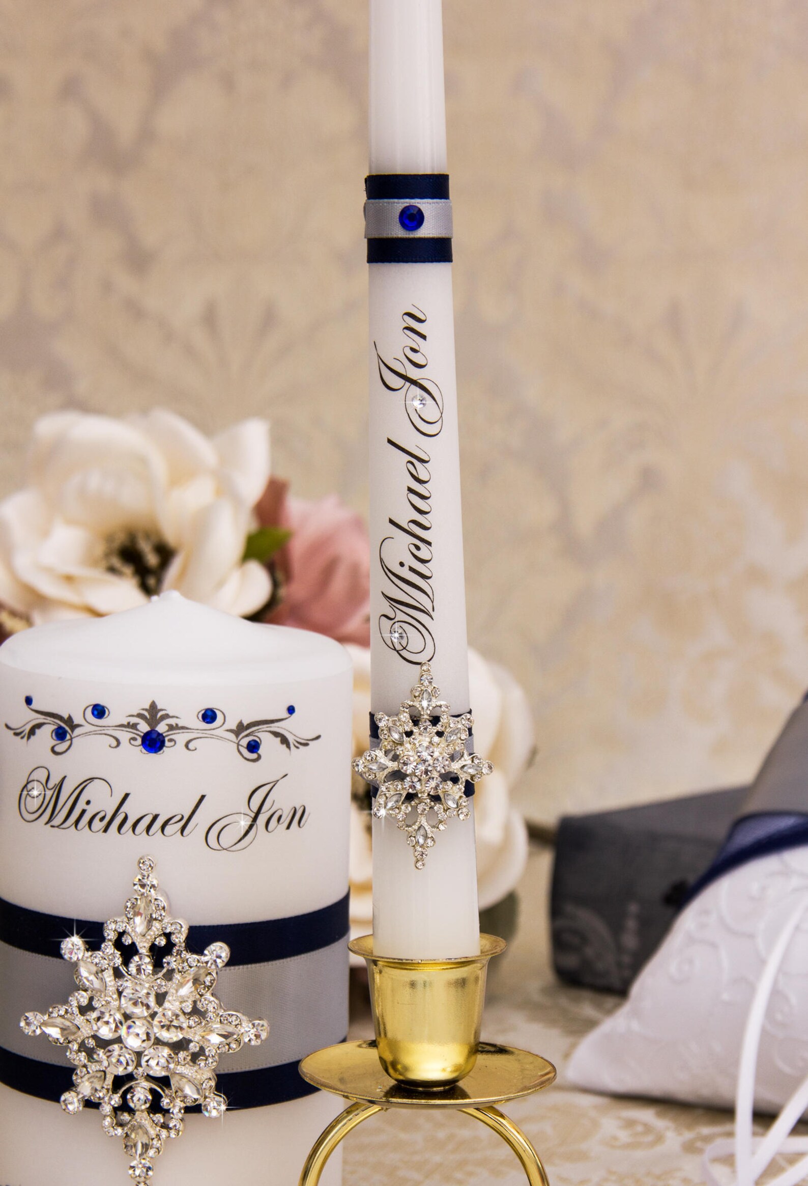 Personalized Wedding Unity Candle Set in Navy Blue and Silver Etsy
