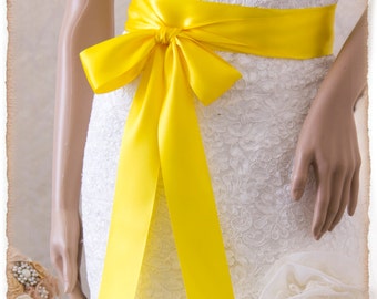 Bridal Sash, LEMON YELLOW Satin Ribbon Sash, Wedding Sash, Satin Ribbon Sash, Bridal belt, Lemon Sash