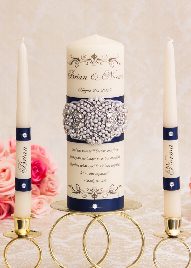 Navy Blue Wedding Unity Candle Set Wedding Unity Candles Wedding Candle Personalized Unity Candle Set image 1