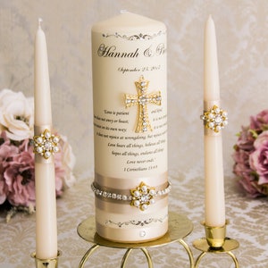 Unity Candle Set in Gold, Wedding Unity Candles, Gold Unity Candle Set with Cross Pedant