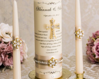 Unity Candle Set in Gold, Wedding Unity Candles, Gold Unity Candle Set with Cross Pedant