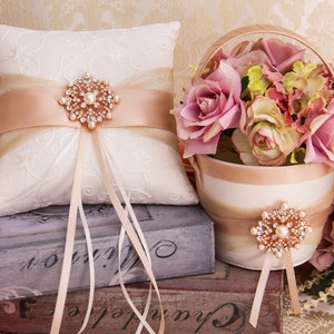 Rose Gold Wedding Accessories Set Flower Girl Basket Wedding Pillow Guest Book Garters Champagne Flutes Cake Serving Set Unity Candles Set image 2