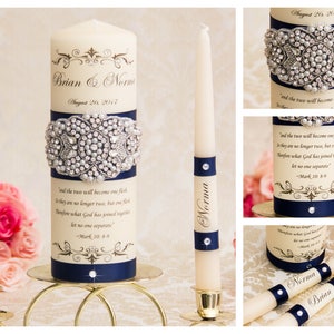 Navy Blue Wedding Unity Candle Set Wedding Unity Candles Wedding Candle Personalized Unity Candle Set image 3