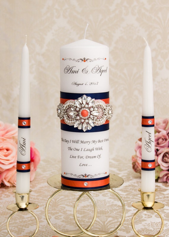 Coral Unity Candle Set Navy Blue Wedding Unity Candle Set Etsy