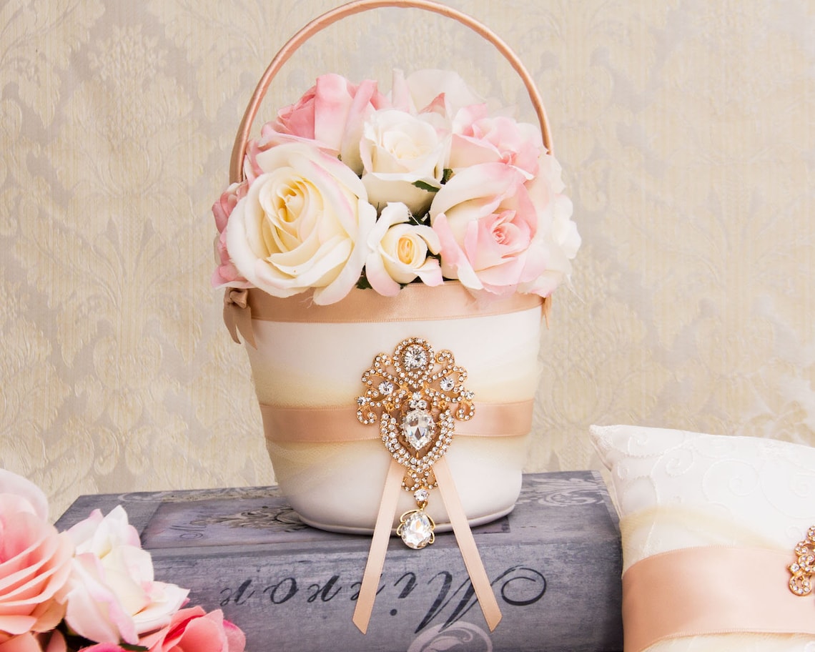 Rose Gold Ring Bearer Pillow Flower Girl Basket Blush image 6