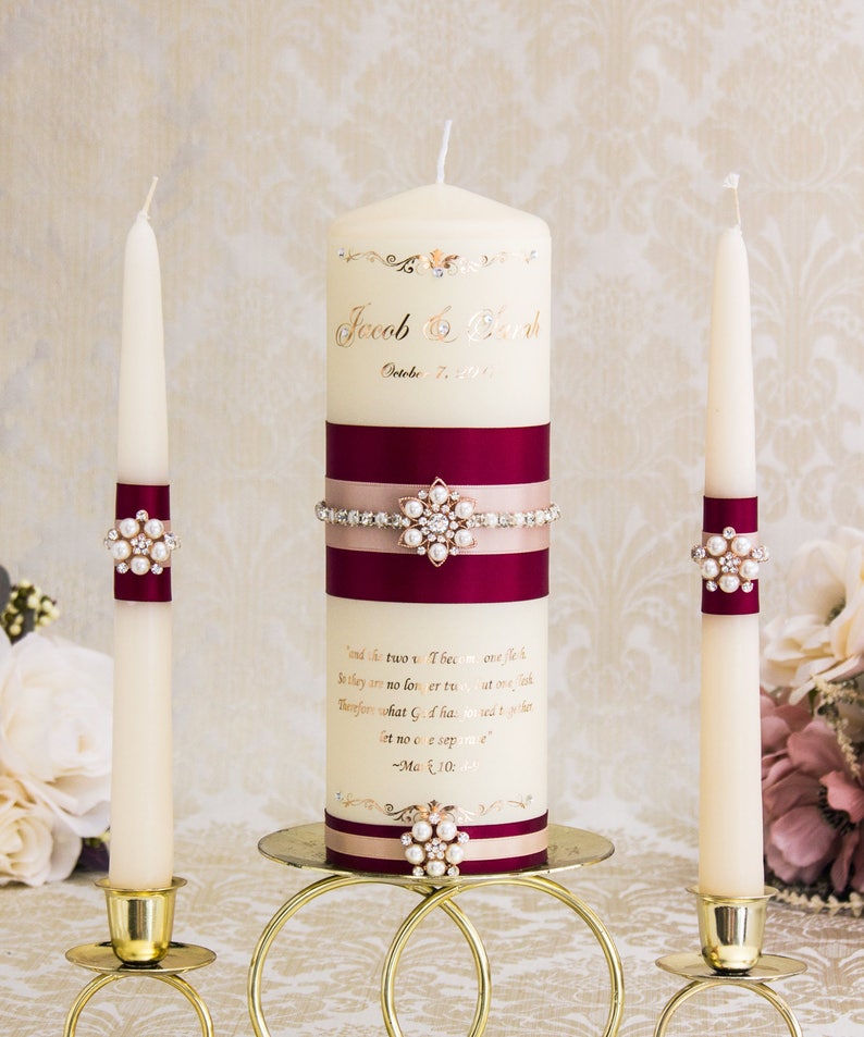 Rose Gold Wedding Candles Rose Gold Wedding Unity Candle Set Burgundy Unity Candles Personalized Wedding Candles