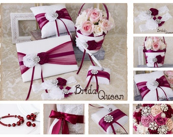 Burgundy Wedding Accessories, Burgundy Ring Bearer Pillow, Flower Girl basket, Wedding Guest Book, Pen Holder, Bridal Garter Set