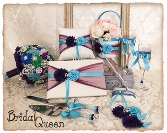 Flower Girl Basket set, Wedding Ring Pillow,  Guest Book, Pen, Wedding Garter Set, Toasting Flutes, Cake Serving Set, Purple Turquoise