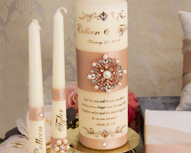 Rose Gold Wedding Accessories Set Flower Girl Basket Wedding Pillow Guest Book Garters Champagne Flutes Cake Serving Set Unity Candles Set image 4