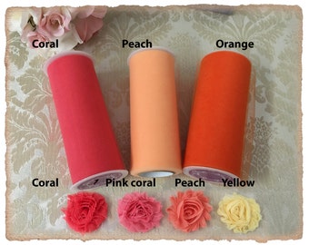 Samples CORAL and PEACH Tulle, chiffon flowers samples and Satin Ribbon swatches