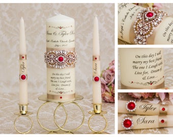 Champagne and Red Unity Candle Set Red Gold Wedding Unity Candles Ivory Wedding Candle Personalized Unity Candle Rhinestone Unity Candle