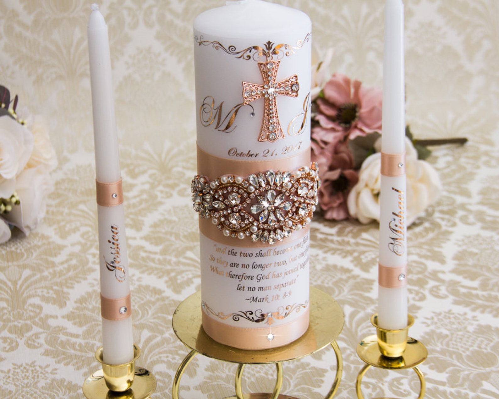 Rose Gold Wedding Unity Candle Set With Rose Gold Cross Etsy