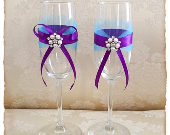 Turquoise and Purple Wedding Champagne Flutes Bride and Groom Wedding Glasses Wedding Toasting Glasses Toasting Flutes Bridal Shower Gift