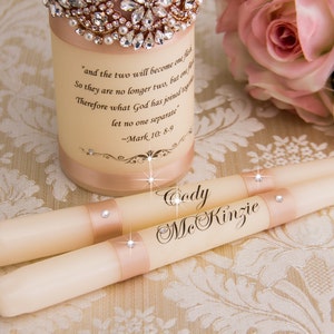 Rose Gold Unity Candle Set Rose Gold Wedding Unity Candles Blush Wedding Candle Personalized Unity Candle Rhinestone Unity Candle image 7