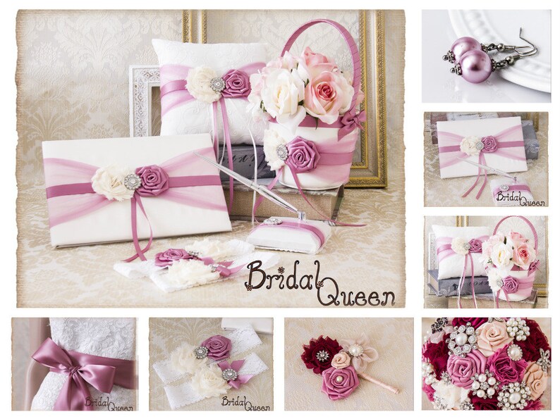 Rosy Mauve Flower Girl Basket and Ring Bearer Pillow Set Ring Bearer Pillow Wedding Pillow Flower Girl Basket Your Color Guest Book