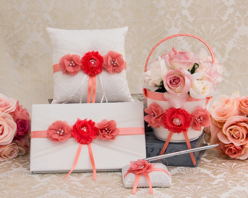 Coral Flower Girl Basket and Pillow Coral Wedding Ring Pillow and Flower Girl Petal Basket Ring Bearer Pillow