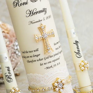 Gold Unity Candle Set, Lace Wedding Unity Candles, Gold Unity Candle Set with Cross Pedant