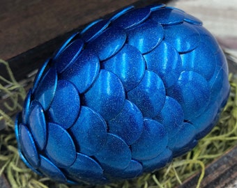 Huevo de dragón con caja - Huevo de dragón con cofre - Decoración de huevo de dragón - Huevo de dragón - AZUL METÁLICO - Caja de estilo real