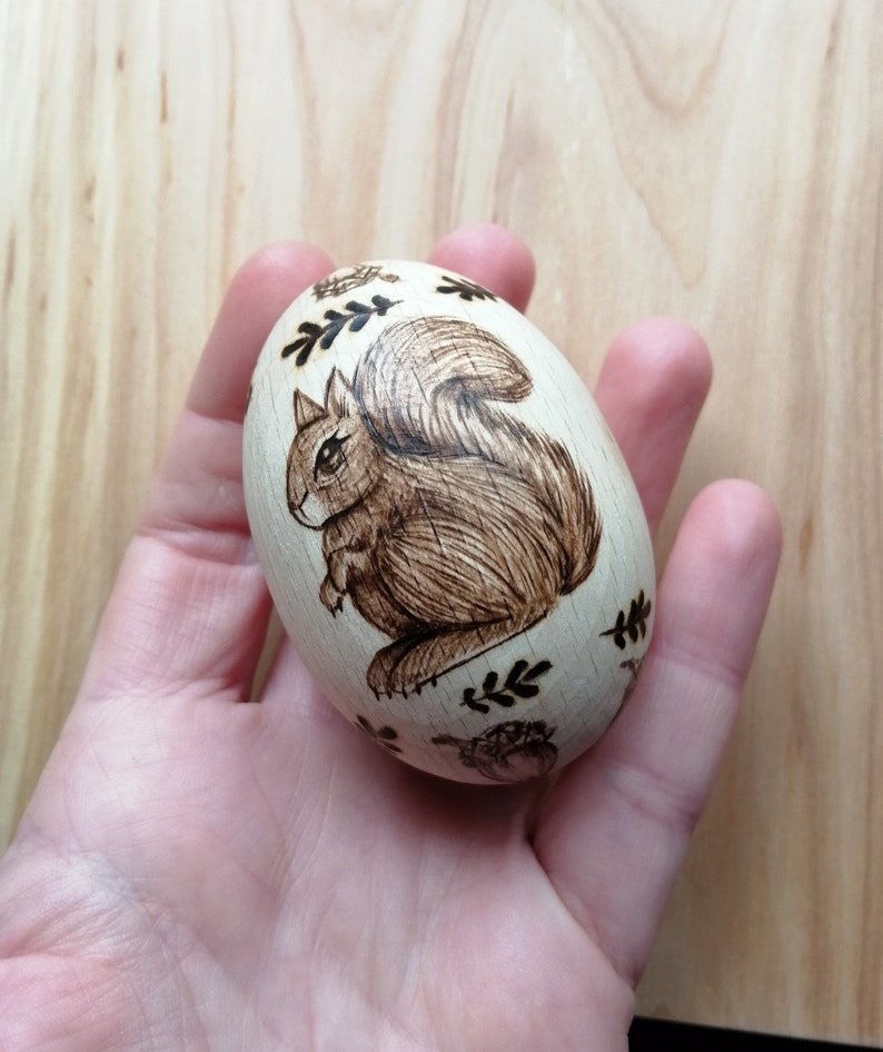 Squirrel Solid Wooden Egg with Acorns and Oak Leaves Wood Burning Pyrography Original Design