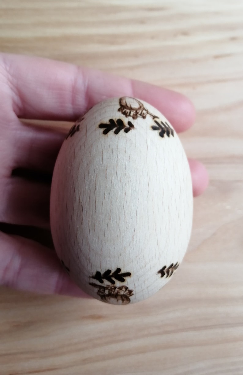 Squirrel Solid Wooden Egg with Acorns and Oak Leaves Wood Burning Pyrography Original Design