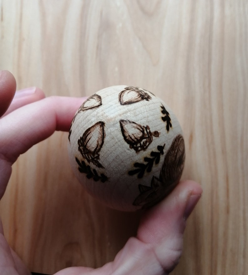 Squirrel Solid Wooden Egg with Acorns and Oak Leaves Wood Burning Pyrography Original Design