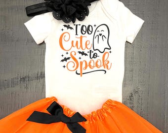 Girl Halloween Outfit, Baby Girl Halloween Outfit, Halloween Tutu Set, Too Cute Too Spook, Girl Toddler Halloween Shirt