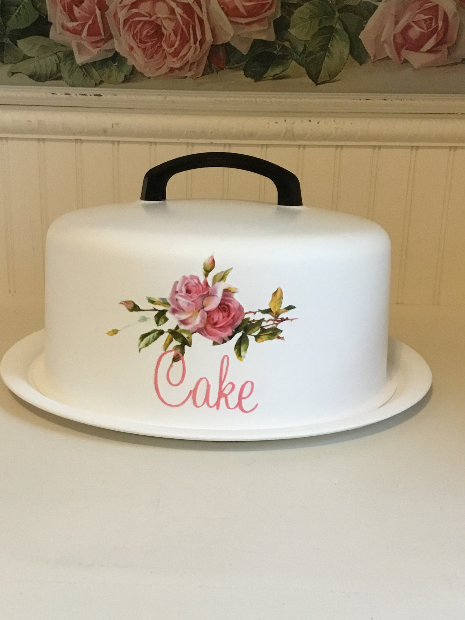 Vintage Metal Cake Cover w/ locking Plate hand painted White Etsy