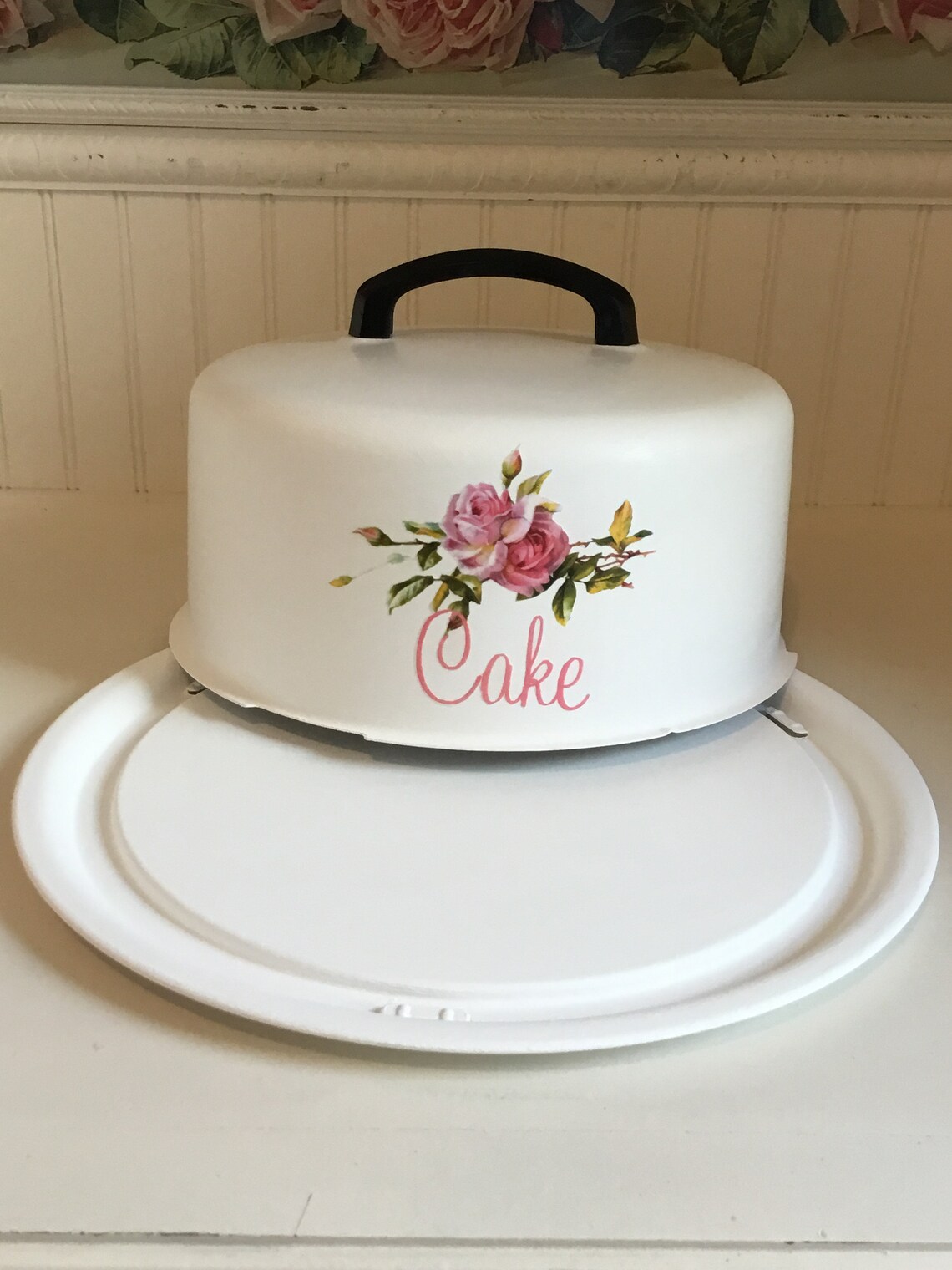 Vintage Metal Cake Cover w/ locking Plate hand painted White Etsy