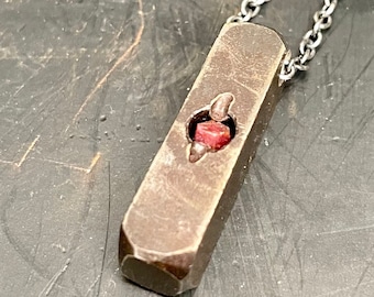 Men's necklace, Men Bar Necklace, Men's Ruby Necklace, Raw Ruby Necklace, Iron Necklace, Pendant Necklace for Men, Brutalist Necklace, Rusty