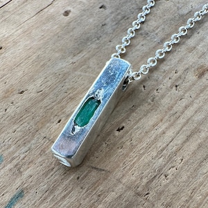 Raw Emerald Pendant Necklace for Men - Shiny Polished Silver 925 Square Bar Jewelry