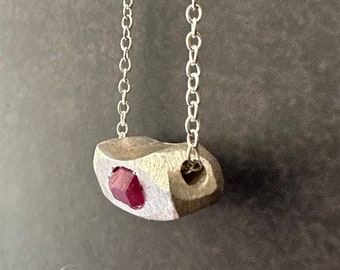 Ruby Necklace for Men, Brutalist Jewelry, Silver Necklace, Pendant Necklace, Modern Necklace, Raw Ruby Necklace, Bar Necklace, Unique