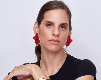 Red Statement Earrings, Unique Gold Earrings for women, Large Earrings, Artisan Jewelry, Geometric Earrings, Long Earring, Large Red Earring