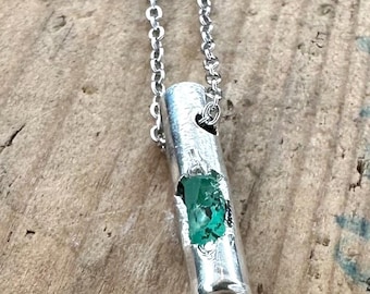 Men's Pendant with Natural Emerald Pendant - 925 Sterling Silver Round Bar Necklace