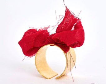 Unique Statement Ring, Red Bow Tie Ring, Fabric Bow Ring, Wide Gold Plated Ring For Women, Handcrafted Ring, Large Ring, Chunky Ring